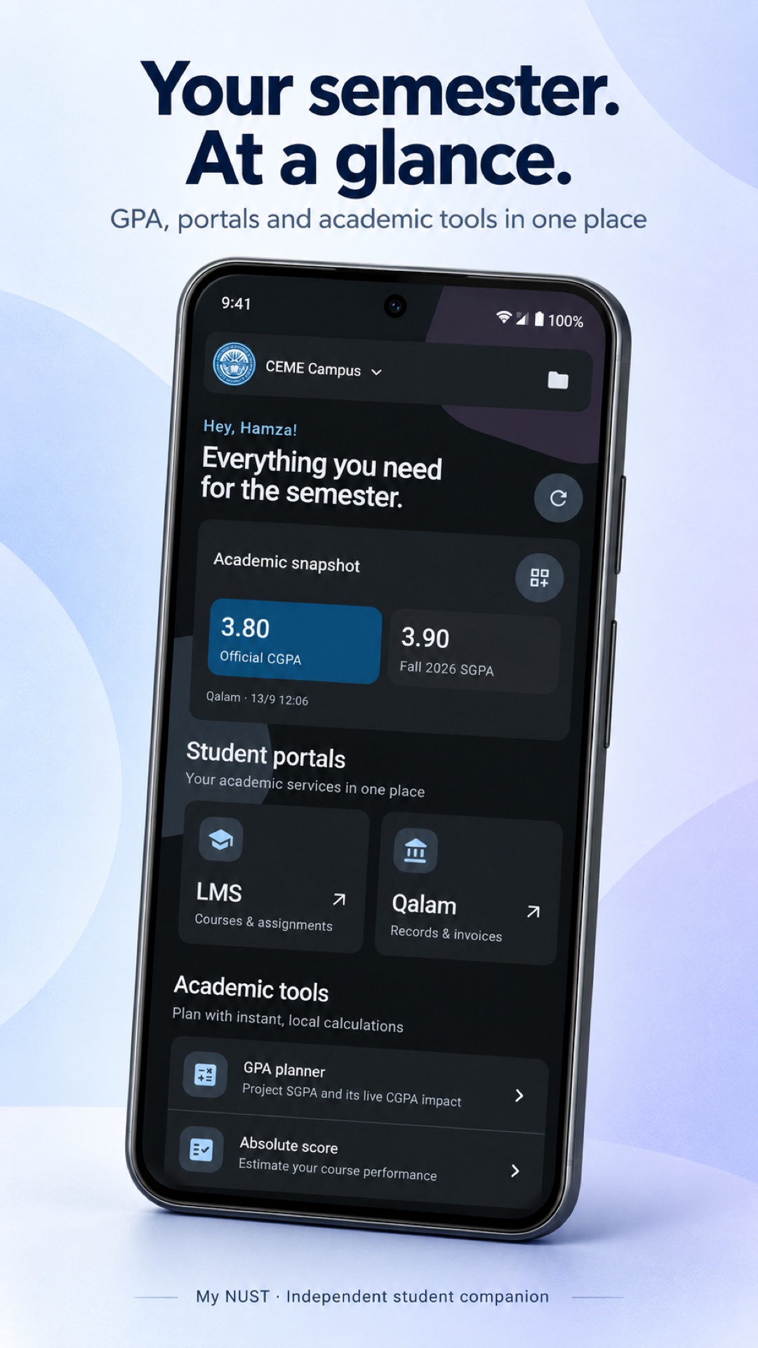 Home academic snapshot with example GPA values