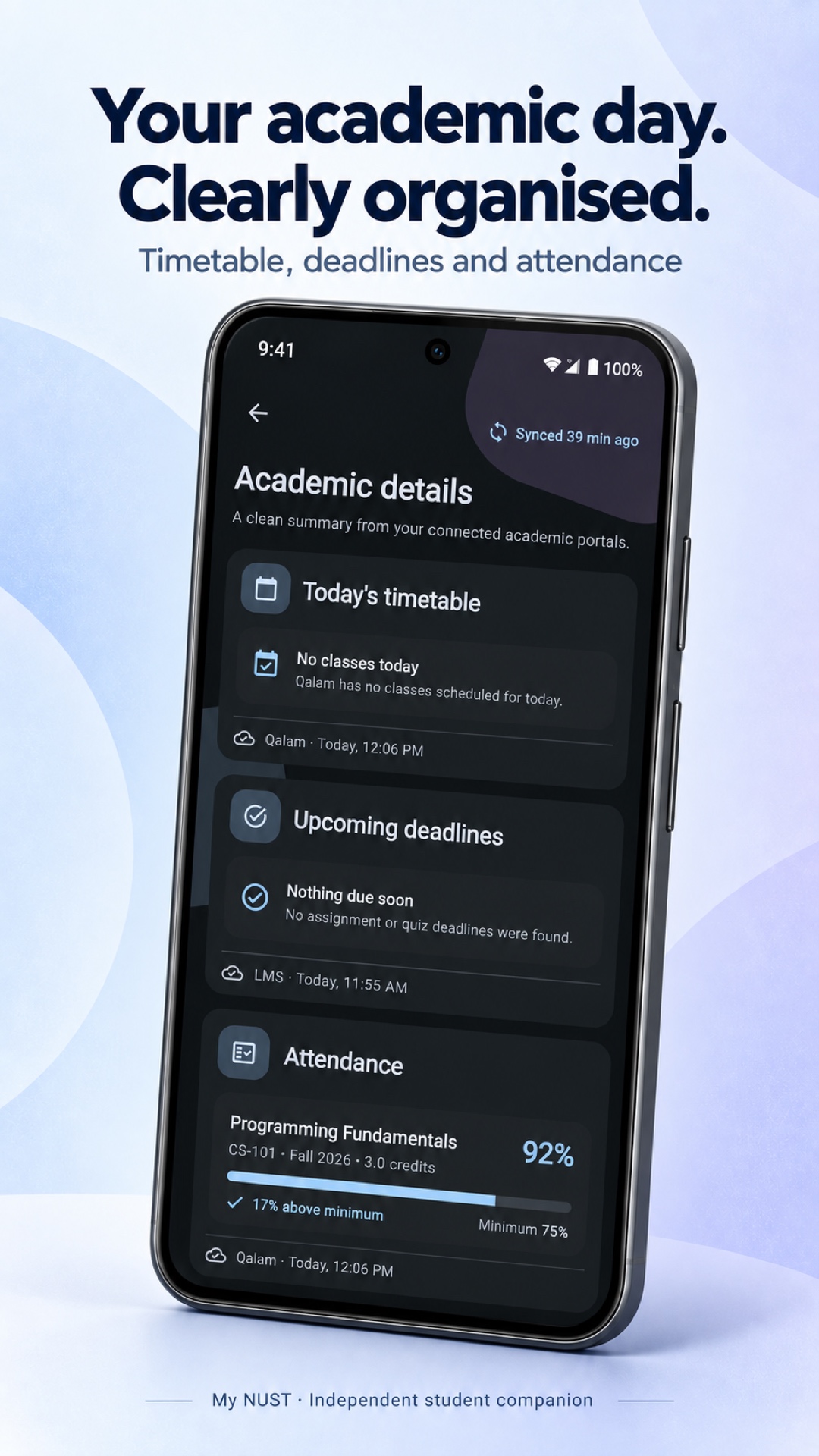 Academic details with timetable and attendance