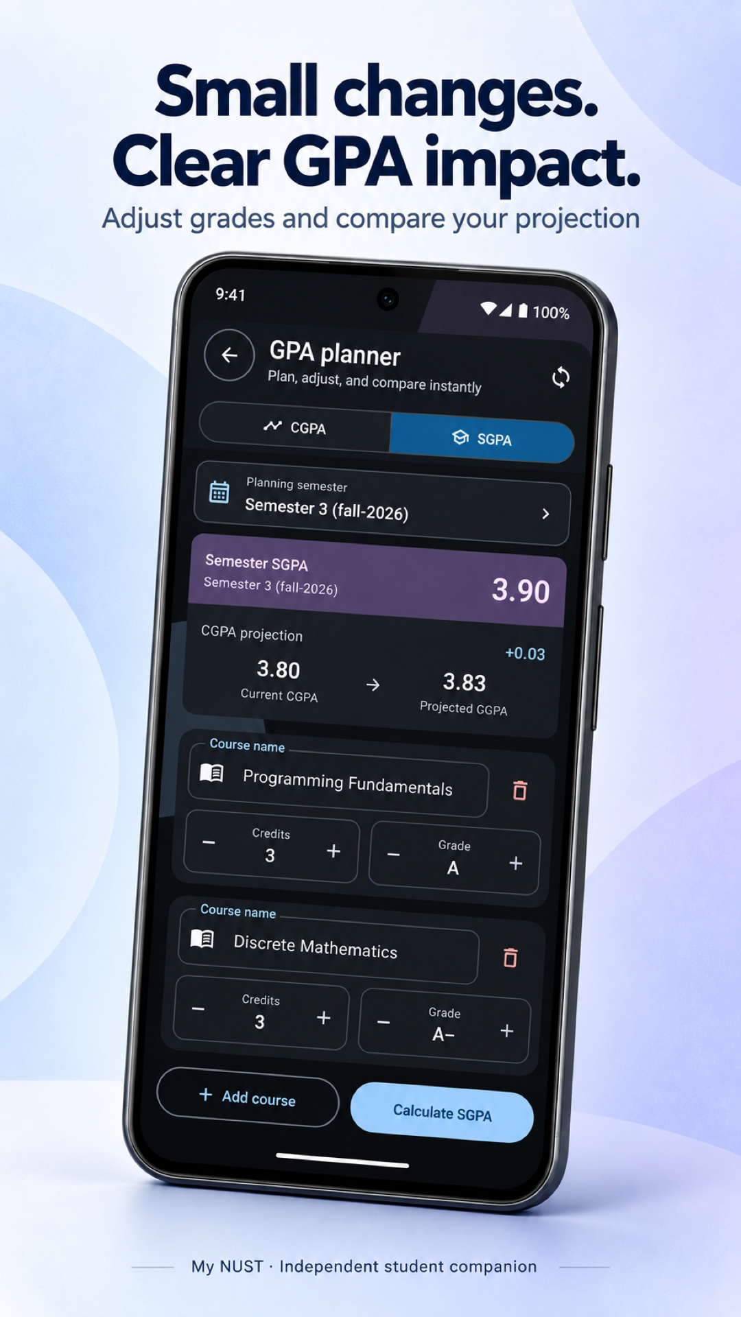 SGPA planner with course grades and live GPA impact