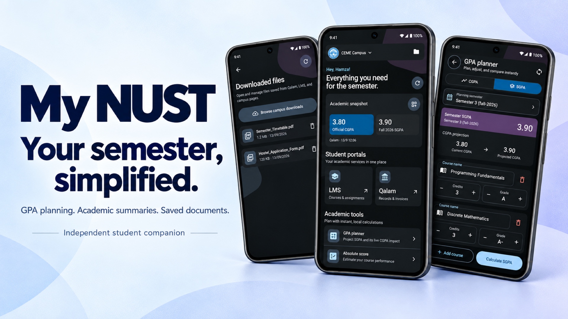 My NUST student companion: academic summaries, GPA planning and campus essentials with sample data